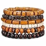 Telooco 6 Stück Perlenarmband Herren Mehrlagig Holzperlen Armband 19 cm Verstellbar Gothic Perlenarmbänder für Herren Elastisch Herrenarmband Gothic Armband Damen Geschenk (Hellbraun)