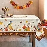 Arquiel Tischdecke Rechteckige, Tischtuch Abwaschbar Vintage Erntedankfest Tischdecken Ahornblatt Vogel Tischdecke für Party Picknick Herbst Abendessen Dekor(152 x 213 cm)