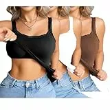 UHouse 3 Pack Tops für Damen Top mit Integriertem BH Trägertop mit Spitze Tank Top Sport Tanktop Rückenfrei Unterhemden Sommer Gym Oberteil Yoga Sporttop Spaghetti Damentop Schwarz Weiß Braun S