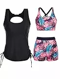 JASAMBAC Tankini Damen Set,3-Teiliger Bikini Damen Bauchweg,Push-Up-Bikinioberteil Und High Waist Badeshorts, Einfache Badebekleidung, Damen-Sport-Badeanzug, Badebekleidung FüR Schwimmbad, Strand