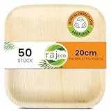 Raj Einweg Palmblatt Teller Kompostierbar - 50 Quadratische Party Teller (20 cm), Natürliches Holz, Umweltfreundlich, Elegant, Biologisch Abbaubar und Einweg Dessert- und Vorspeisenteller