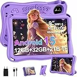 SUAAT Kinder Tablet 9 Zoll Android 15 Octa Core, 12(6+6) GB RAM + 32 GB ROM, 5G + 2,4G WiFi, GMS,Widevine L1,BT 5.0, 5000 MAh, Assistant AI,SD-Kartenunterstützung, Eva-Schutzhülle – Lila