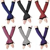 EUDUQ Damen Lange Fingerlose Handschuhe,6 Paare Armstulpen Frauen,Gestreift Stricken Armwärmer für Mädchen,Langarm Fäustlinge für Herbst Winter