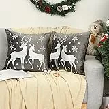 Lewondr Weihnachten Kissenbezug, 2 Stück Samt Kopfkissenbezug mit Schneeflocke Rentier Stickerei, Quadratischer Weihnacht Zierkissenbezug für Zuhause Auto Büro 45x45 cm - Grau
