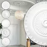 HEXIM Perfect Stuckrosette aus PU hartschaum - Deckenrosette weiß, Zierelement, Stuck (B3023, Ø 60cm) Wanddeko Wohnzimmer Decke Polyurethane rund