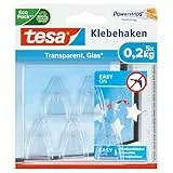 tesa Klebehaken für transparente Oberflächen und Glas (0,2 kg) - Durchsichtige, selbstklebende Haken - Bis zu 0,2 kg Halteleistung pro Haken, 5-er Pack