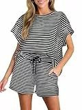 Tankaneo Damen Zweiteiler Kurzarm Lounge Set Sommer Outfits Gestreifte Lockere Pyjama Set Hausanzug Rundhalsausschnitt T Shirt mit Shorts