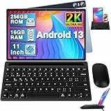 Tablet 11 Zoll Android 13 mit 16 GB RAM + 256 GB ROM (1TB TF), 2K 2000 x 1200 IPS, Octa-Core, 4 Lautsprecher, 3 Kameras, GPS, 5G WLAN, 18W Schnellladung, 8600mAh, mit Tastatur + Maus + Hülle, Blau