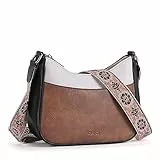 CLUCI Umhängetasche Damen, PU Leder Handtasche Damen Crossbody Bag Damen，Handytasche zum Umhängen，Schultertasche für Frauen mit Einzigartige verstellbarem Farbigem Riemen，braun mit schwarz und weiß