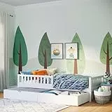 Bellabino Vils Kinderbett 90x200 cm – Kleinkindbett mit Schublade, Rausfallschutz & Lattenrost – Montessori Kinder Bett aus Kiefer Massivholz – in Weiß für Jungen & Mädchen mit Stauraum