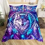 Homewish Wolf Bettwäsche Boho Traumfänger Bettbezug Set 135x200 für Jungen Mädchen Jugendliche,Fantasie Ombre Federn Luftschlangen Sternenhimmel Ästhetisch Wildtiere Bettwäscheset Modern Zimmerdekor