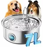 oneisall 7L Trinkbrunnen für Hunde, Edelstahl Hundebrunnen mit großem Sichtfenster, Wasserspender mit LED-Licht, Ultraleiser Pumpe mit Überlastschutz, 5-Schicht Filtration
