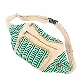 Freakmandu Umweltfreundliche Bauchtasche im Boho-Hippie-Stil, Hanftasche, zum Wandern, Laufen, Joggen, Weiß, Grün gestreift, Adjustable Size, Hüfttaschen