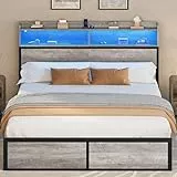YITAHOME Bettgestell LED mit Kopfteil USB-Anschlüsse und Ladeausgänge Metallplattform-Bettgestell mit 2 Regalböden,Keine Matratze erforderlich,Braun 200X180CM