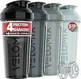 VELOMIX -4 PACK- 828ml Eiweiß Shaker - Auslaufsicher Shaker Proteinshake Mit 4x Kugel | Drehverschluss & Mess-Skala Shake Becher | Spülmaschinengeeignet & Stackable Protein Shaker (Silver Mix)