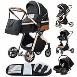 YAZOCO Kinderwagen 3 in 1, Kombikinderwagen 3 in 1 Einem Klick Faltbar Baby Kleinkind Neugeborene, Mama Tasche, Moskitonetz, Regenschutz, Kinderwagen Rahmen Aluminiumlegierung (LV9 Schwarz)