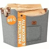 BLACK OAK Montana XL 60L Filzkorb & Holzkorb für Kaminholz - Leder Applikation + rutschfeste Griffe + Fronttasche extra groß - Filz Tasche Korb für Holz faltbar Transport & Aufbewahrung hellgrau