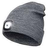 Wmcaps Mütze mit Led Licht, Wiederaufladbare USB Freisprech Stirnlampe Strickmütze Wintermütze Warme Mütze Kappe Scheinwerferkappe zum Camping Joggen Geschenke für Männer Frauen, Grau