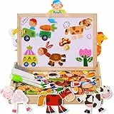 COOLJOY Magnetisches Holzpuzzle 100+ Stück, Spielzeug ab 2 3 4 Jahre Mädchen Jungen, Pädagogisches Magnetische Holzspielzeug mit Bauernhof-Muster, Lernspielzeug Ostergeschenke für Kinder