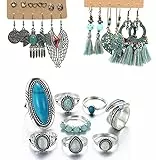 Aroncent 26PCS Schmuck Set für Damen Mädchen Vintage böhmischen Ohrring mit Kreise Wassertropfen Quasten Blätter Türkis, Sonne Mond Halskette, Türkis Ring (9 Paar Ohringe + 8 Ringe)