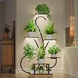 JUSTOGO Blumenständer Pflanzenständer mit Wachstumslichtern - 7 Etagen Pflanzenregal Indoor aus Holz und Metall, 120cm Blumenregal Groß für Wohnzimmer Balkon Schlafzimmer Garten