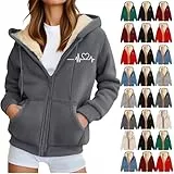 Generisch Fleecejacke Damen Mit Mustern Bedruckt Outdoor Winterjacke Warm Teddyfleece mit Kapuze Jacke Einfarbige Kapuzenjacke Frau Elegant Softshellmantel