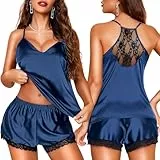 RSLOVE Satin Schlafanzug Damen Kurz - Sexy Silk Pyjama Set 2-Teiliges Nachtwäsche Königsblau S
