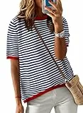 Cuptacc Tops Für Damen Gestreiftes T Shirt Damen Sommer Rundhals Oberteile Kurzarm Bluse Locker Baumwolle Top Dunkelblau Groß L 42-44