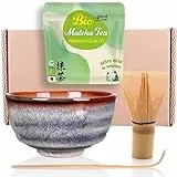 Goodwei Matcha Set mit Matcha Besen, Matcha Schale aus Keramik und BIO Matcha Tee aus Japan | Geschenkset (Uji)