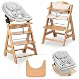 hauck Hochstuhl Beta+ Newborn Set Eco Bouncer - mitwachsender Holz Babyhochstuhl ab Geburt, inkl. Neugeborenenaufsatz, Sitzpolster und Essbrett - Natural