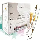 LEBENSKOMPASS® Brush Pen Set mit 100 wasserbasierten Dual Pinselstiften - Magnetbox mit Pinselstifte für Malbuch für Erwachsene, Handlettering, Kalligraphie & dein Bullet Journal