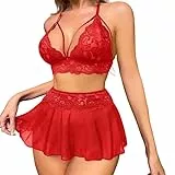 Satohom Damen Sexy Unterwäsche Spitze Dessous Set 3 Teilig Transparente Florale Reizwäsche Tiefer V BH + Slip + Minirock Lingerie Rückenfrei Babydoll Negligee Outfit Schwarz Rot Nachtwäsche