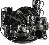 LOVECASA SWEET Porzellan Kombiservice, Serie Daphne 32-teilig, Geschirrset mit Goldspritzer-Motiv, Speiseteller, Dessertteller, Müslischalen und Kaffeetassen für 8