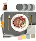 HELI MIAO Tischsets Abwaschbar,Platzsets Abwischbar,Tischset Leder,Hitzebeständig Doppelseitigen I 6er Set Platzdeckchen Lederoptik mit Untersetzer,Tischuntersetzer,Platzdecken（Anthrazit+Hellgrau）
