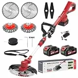 Rasentrimmer mit Akku 2-21V-4,0-Ah und Ladegerät, 750 W Bürstenloser Freischneider Akku mit Unkrautbürste für Garten Trimming, 180° Faltbar,(Rasentrimmer für Makita-Akkus und 4 Klingentypen) Rot