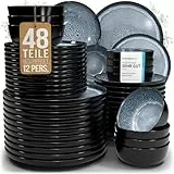 Steingut Geschirrset 12 Pers. Ibiza 48-tlg Hochwertiges Mediterranes Steingut Geschirr Set - Schüssel- und Teller Set - Tafelservice 12 Personen Geschirrsets Pure Living in Graublau