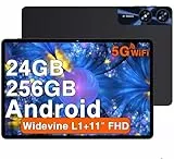 Tablet 11 Zoll Android mit 24GB RAM 256GB ROM TF 1TB, Octa-Core 2.0 GHz, 5G WiFi 6, Bluetooth 5.0, Widevine L1, 5MP+13MP, 8000mAh, 1280 * 800 IPS FHD, Gesichtserkennung, GPS, Tablet mit Case, Schwarz