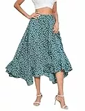 KOJOOIN Damen Rock lang Maxirock Elastische Taille Blumen Sommerrock A-Linien elegant Faltenrock Rüschensaum (Verpackung MEHRWEG), A-Dunkelgrün, M