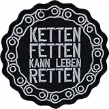 Motorrad Aufnäher 'KETTEN FETTEN KANN LEBEN RETTEN' Biker Aufbügler/Patch/Flicken zum annähen/aufbügeln | Mechaniker Bügelbild Applikation für Motorradzubehör | 88x88mm