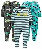 Simple Joys by Carter's Baby-Mädchen 3-Pack Loose Fit Flame Resistant Fleece Footed Pajamas Kleinkindschläfer, Dunkelgrau Monster Trucks/Hellblau Streifen/Türkisblau Gorilla, 4 Jahre (3er Pack)