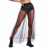 Odizli Festival Outfit Damen Rave Techno Sexy 2 in 1 Transparent Mesh Rock Shorts High Waist Maxirock Y2K Glitzer Dot Pailletten Gothic Tüllrock Party Streetwear Clubwear Schwarz Silber M