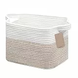 JOJOSEE Aufbewahrungskorb, Kleiner Korb Aufbewahrung, Aufbewahrungskorb Geflochten Baumwollseil, Organizer Korb für Spielzeug Kinderzimmer, Decken, Kissen, 33 x 25 x 22,5 cm, Weiß & Braun