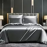 DXHOME Satin Bettwäsche Set 135x200cm 4teilig Grau Einfarbig Unifarben Anthrazit Wendebettwäsche Glatt Bettbezüge mit Reißverschluss und 2 Kissenbezügen 80×80 cm