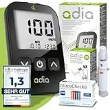 Komplett-Set adia Blutzuckermessgerät (mg/dL) + 60 Blutzuckerteststreifen + 110 Lanzetten, 1 Stechhilfe, 1 Etui, zur Blutzucker-Selbstkontrolle für Zuhause
