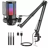 NJSJ Gaming Mikrofon PC mit Arm, USB Microphone für MAC PS4 PS5 mit Stummschalttaste, Popfilter, RGB Mikrofon für YouTube Twitch Podcast Streaming Studio, Schwarz mit Arm