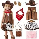 TOSZOLY Cowgirl Kostüm Mädchen, Cowboy Kostüm Kinder mit Cowboy Hut, Bandana, Weste Kinderkostüme Mädchen für Halloween Fasching Cosplay Party Dress Up