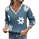 Generisch Damen Strickpullover mit großem Blumenmuster - Lässiger V-Ausschnitt-Pullover mit Wellenkante | Kuscheliger Pulli für einen femininen Herbst-Look
