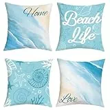 Joymaison Kissenbezüge 40x40 cm 4er Set Sommer Blau Ozean Strand Dekorative Kissenbezug Meer Muschel Strand Deko Kissenhülle für Sofa Couch Schlafzimmer Wohnzimmer