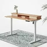 FEZIBO Höhenverstellbarer Elektrischer Stehtisch mit KOMPLETTER TISCHPLATTE, 120 x 60 cm Sitz-Steh-Schreibtisch mit Doppelschubladen, Weißer Rahmen/Hellbraun Oberfläche