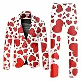Generisch Anzug Herren 2 Teilige Bedruckte Herrenanzug Herz Druck Blazer Jacke mit Hose Slim Fit Anzug für Hochzeit Outfits Smoking Herrenanzug Blazer und Anzughose Lustige Party Kostüm